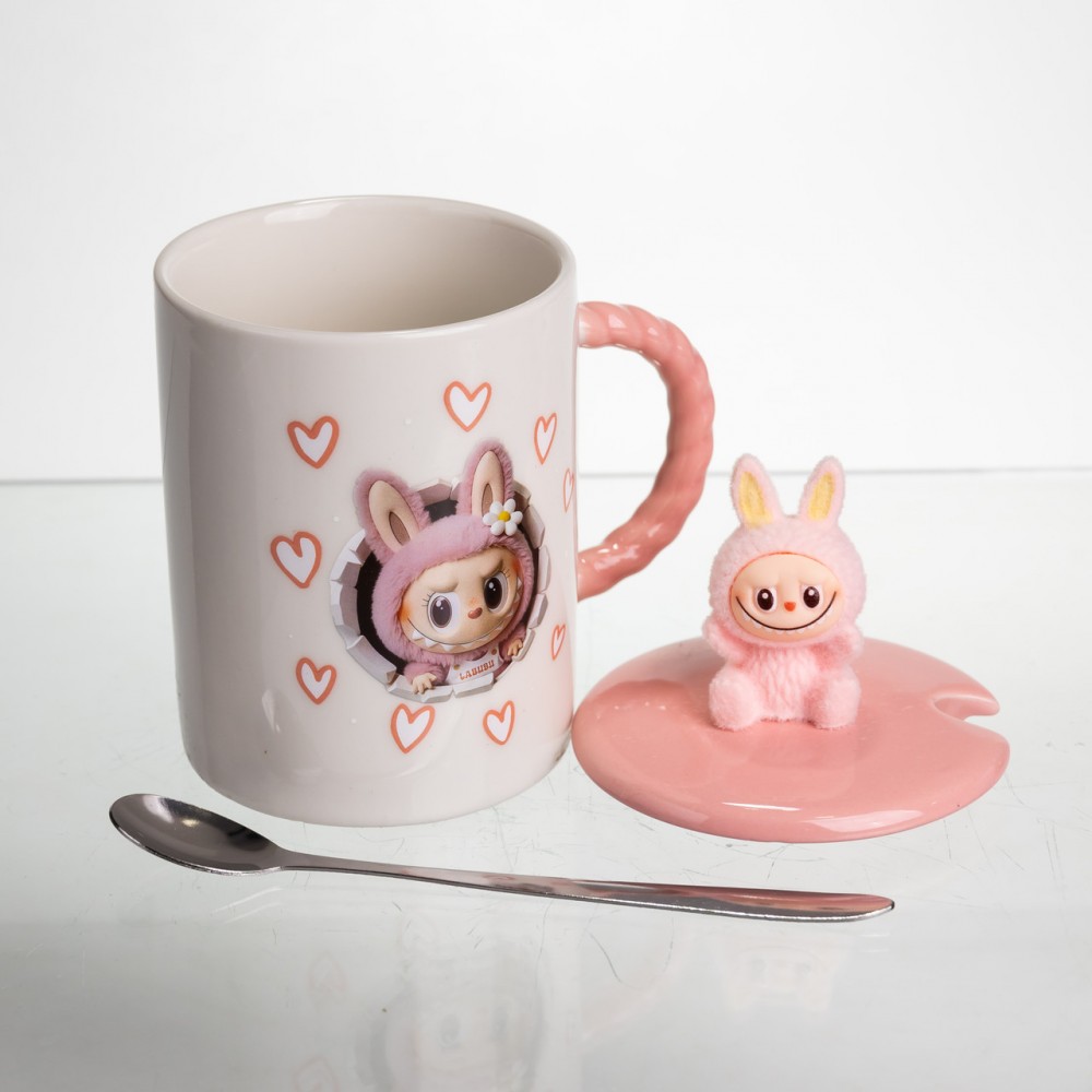 Чашка фарфоровая с крышкой и ложкой Labubu 300 (мл) подарочная кружка прикольная чашка для детей на подарок Розовый FM-35C