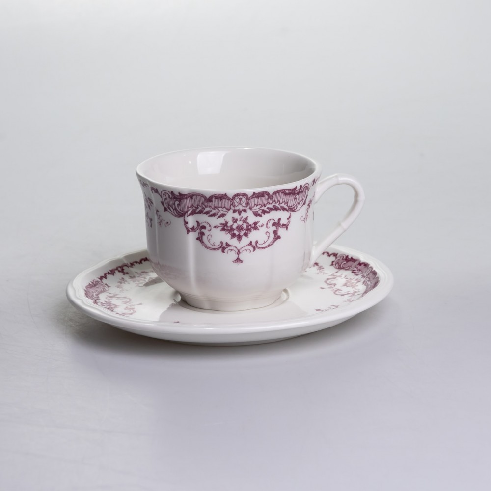 Столовый набор посуды тарелок и чашек 32 предмета на 6 персон "Бордовый Меандр" фарфоровый YY78-3A