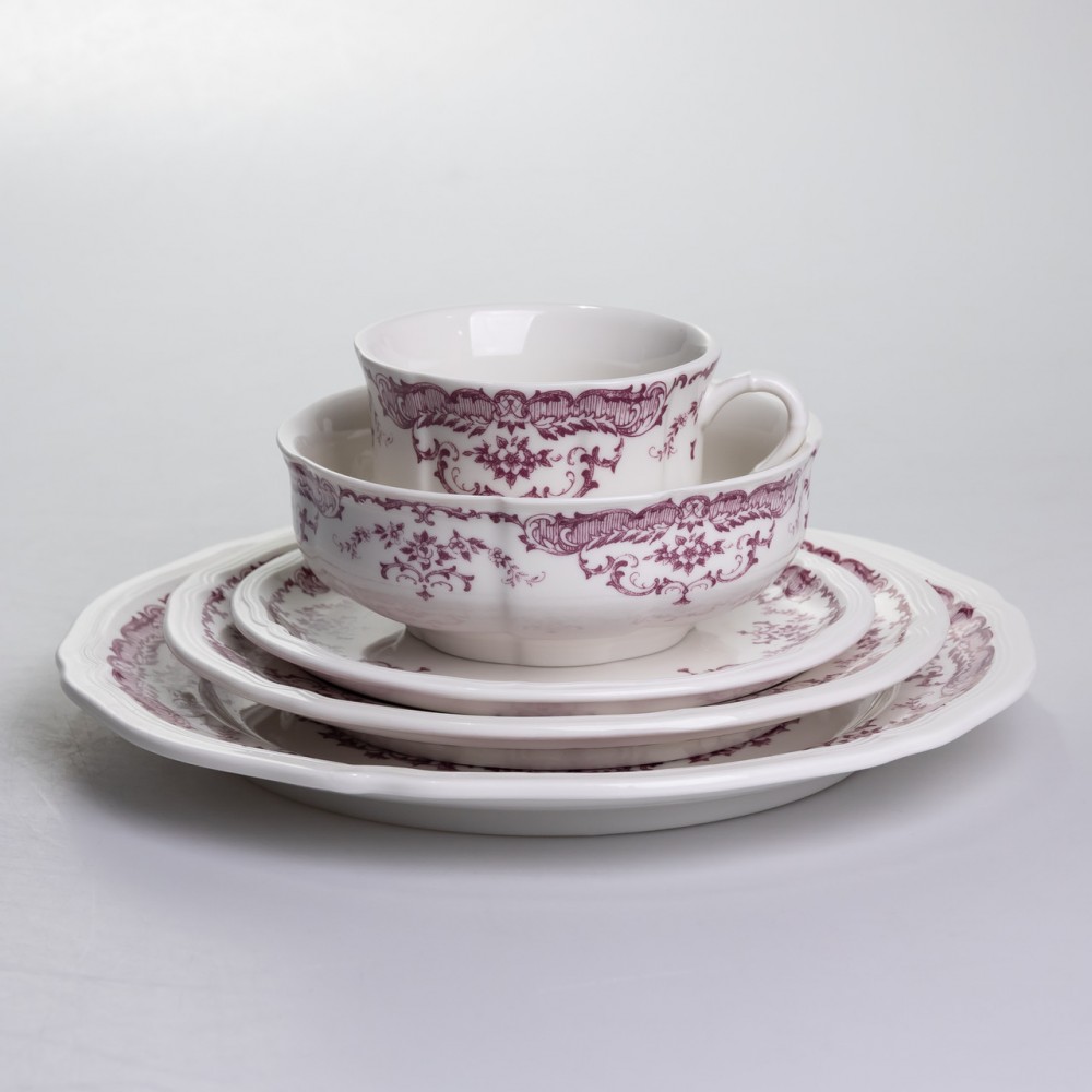 Столовый набор посуды тарелок и чашек 32 предмета на 6 персон "Бордовый Меандр" фарфоровый YY78-3A