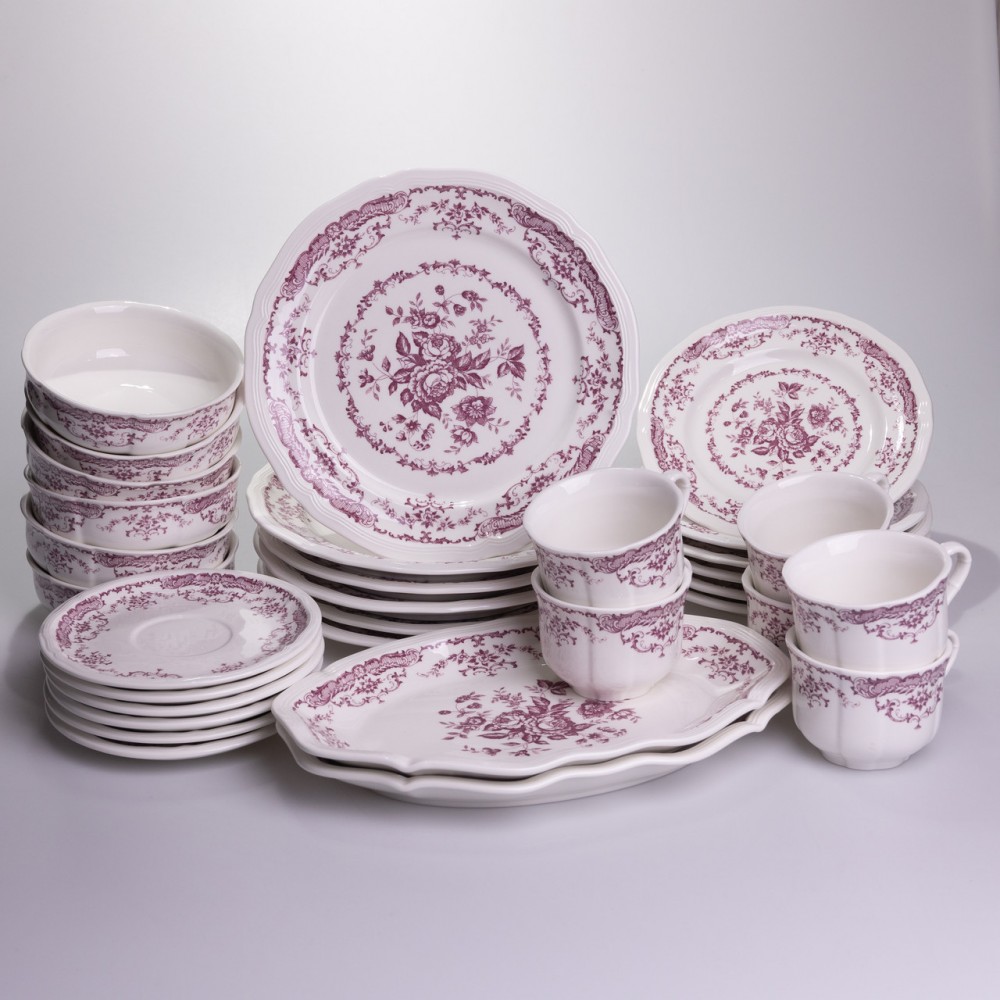 Столовый набор посуды тарелок и чашек 32 предмета на 6 персон "Бордовый Меандр" фарфоровый YY78-3A