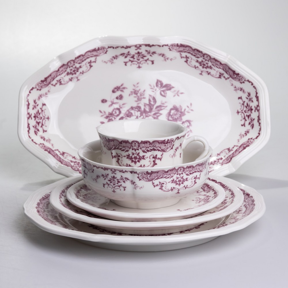 Столовый набор посуды тарелок и чашек 32 предмета на 6 персон "Бордовый Меандр" фарфоровый YY78-3A