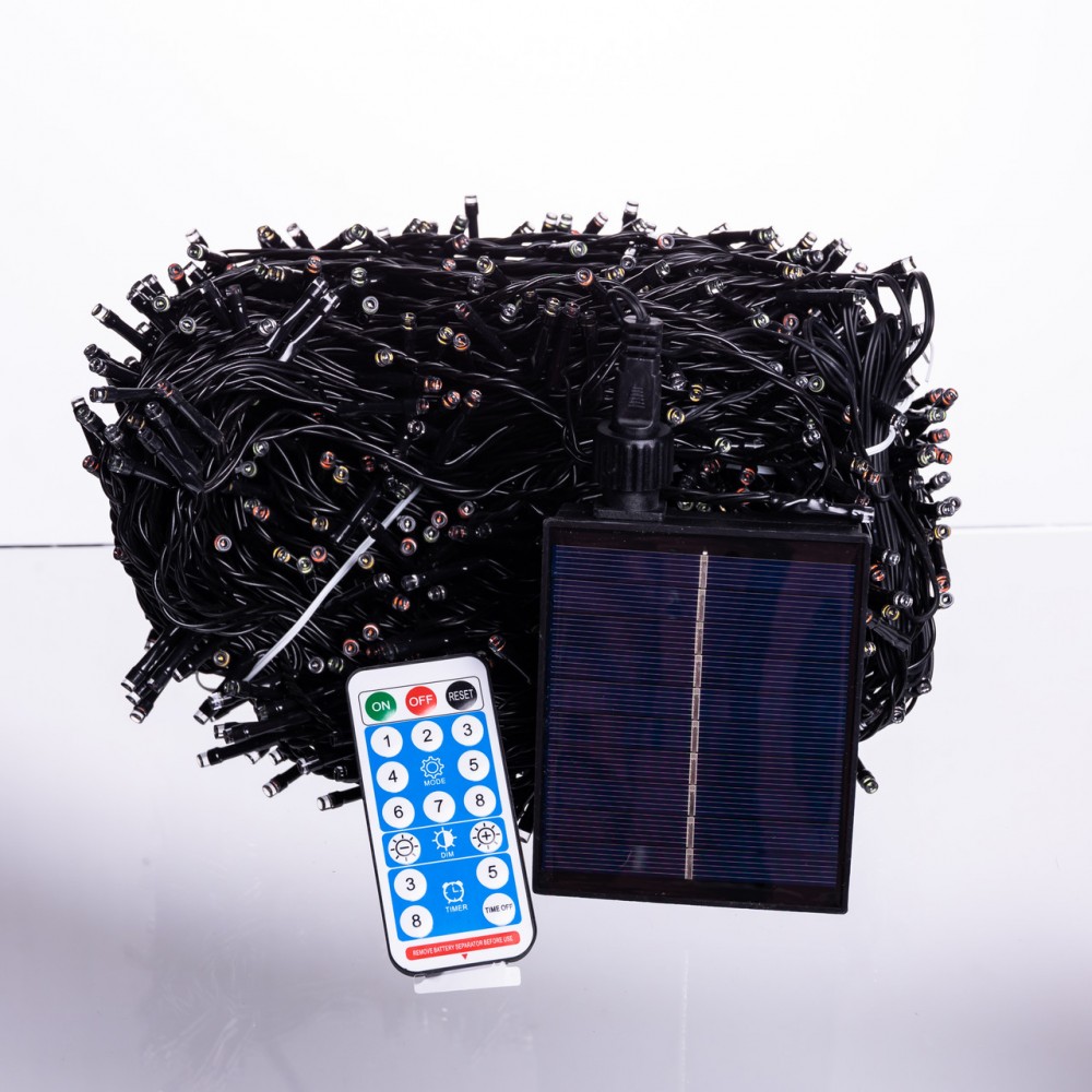 Новорічна гірлянда вулична 100 м 1000 LED з сонячною батареєю чорний провід Мультиколір SB1000L100MBML