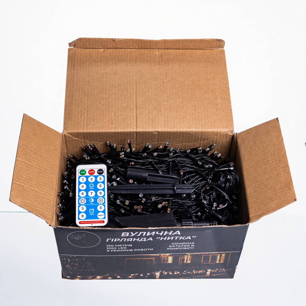 Новорічна гірлянда вулична 100 м 1000 LED з сонячною батареєю чорний провід Мультиколір SB1000L100MBML