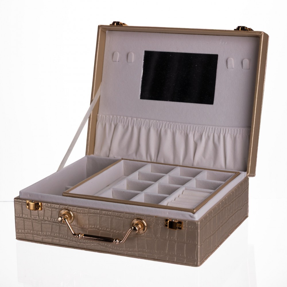Шкатулка для украшений из эко кожи 19 отделений с зеркалом 23.5×14×8 см Золотистый HP-5-20GOLD