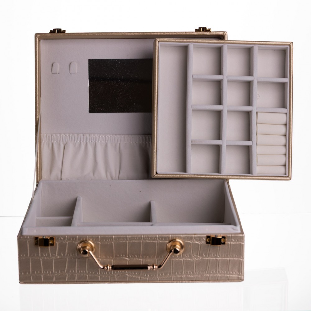 Шкатулка для украшений из эко кожи 19 отделений с зеркалом 23.5×14×8 см Золотистый HP-5-20GOLD