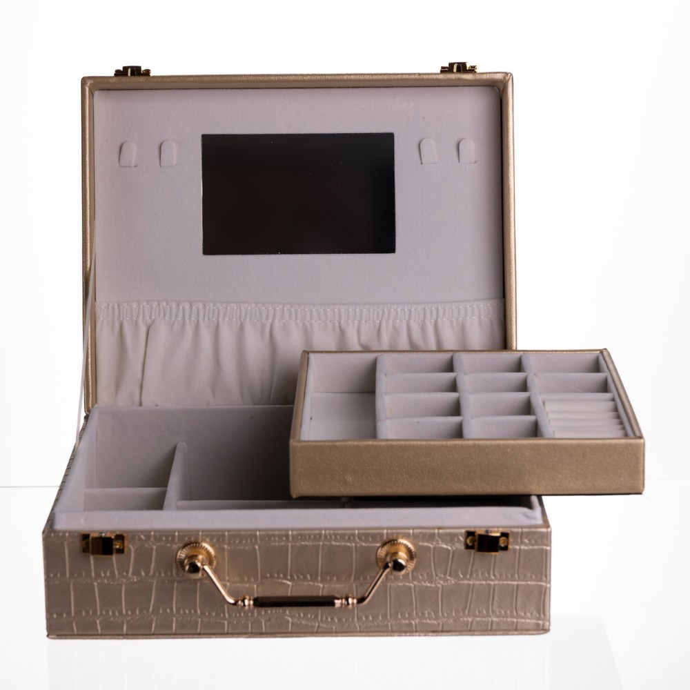 Шкатулка для украшений из эко кожи 19 отделений с зеркалом 23.5×14×8 см Золотистый HP-5-20GOLD