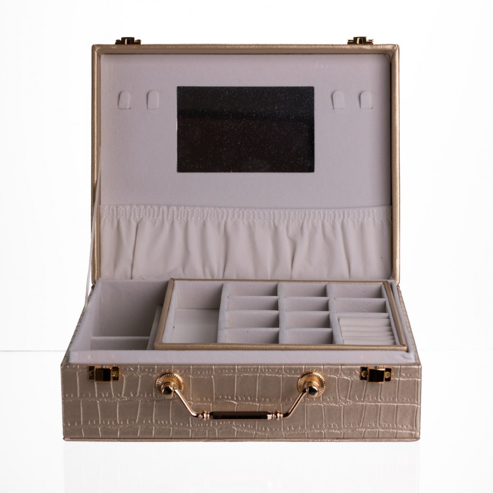 Шкатулка для украшений из эко кожи 19 отделений с зеркалом 23.5×14×8 см Золотистый HP-5-20GOLD