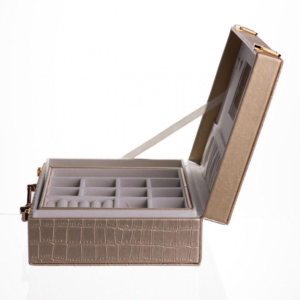 Шкатулка для украшений из эко кожи 19 отделений с зеркалом 23.5×14×8 см Золотистый HP-5-20GOLD