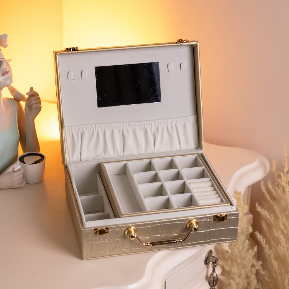 Шкатулка для украшений из эко кожи 19 отделений с зеркалом 23.5×14×8 см Золотистый HP-5-20GOLD