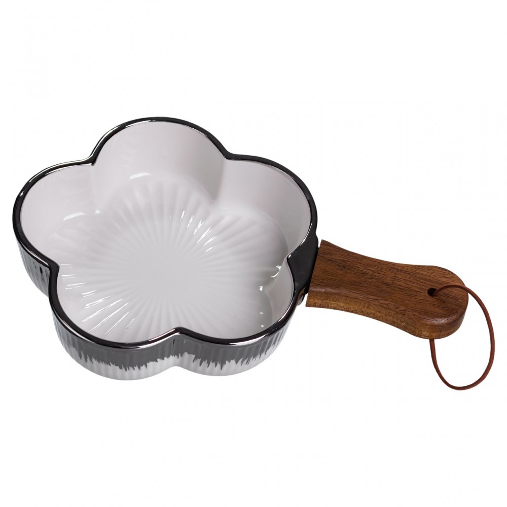 Тарелка фарфоровая глубокая с ручкой Цветок 24×16×4 (см) блюдо сервировочное с ручкой для подачи тарелка сковорода Серебро ZJH-13-3