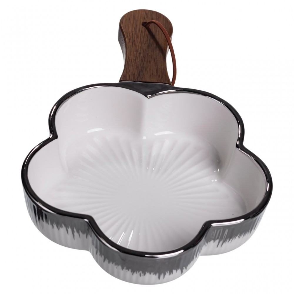 Тарелка фарфоровая глубокая с ручкой Цветок 24×16×4 (см) блюдо сервировочное с ручкой для подачи тарелка сковорода Серебро ZJH-13-3