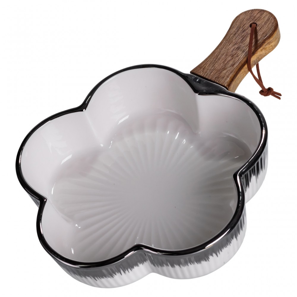 Тарелка фарфоровая глубокая с ручкой Цветок 27×20×5 (см) блюдо сервировочное с ручкой для подачи тарелка сковорода Серебро ZJH-13-4