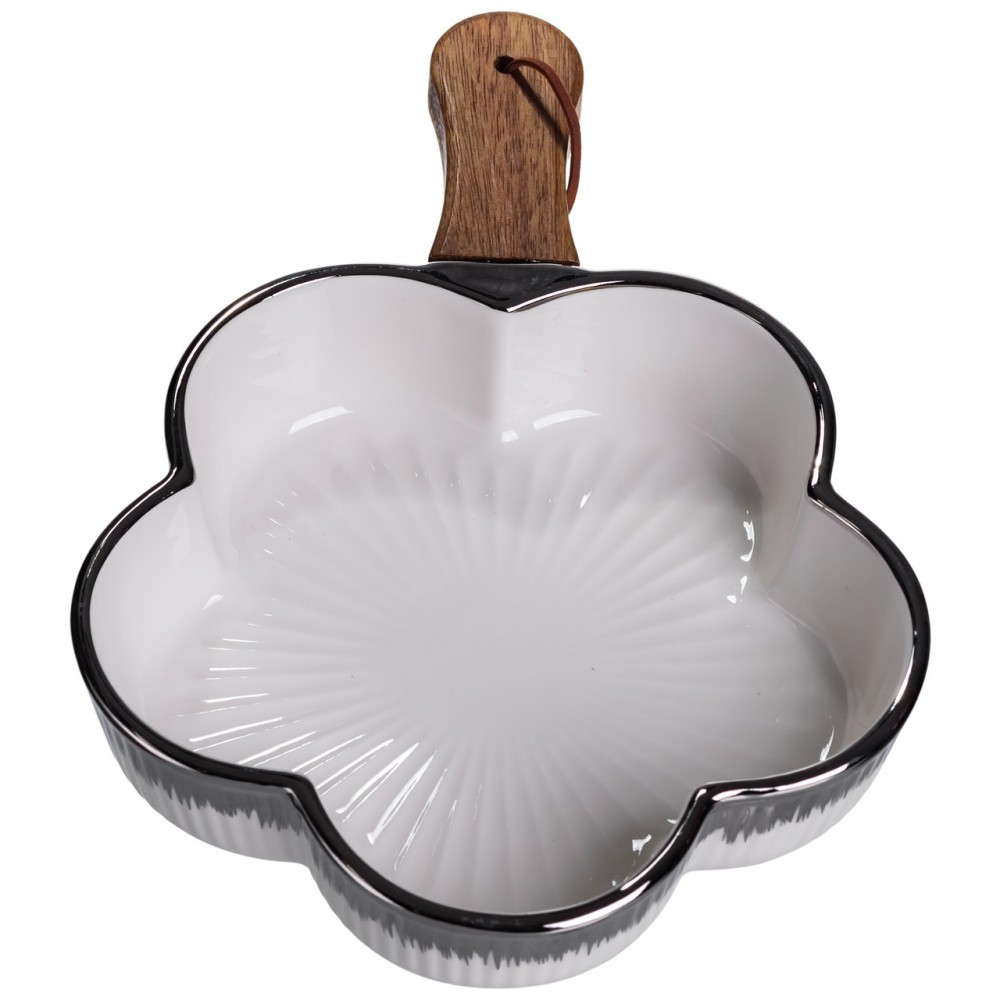 Тарелка фарфоровая глубокая с ручкой Цветок 27×20×5 (см) блюдо сервировочное с ручкой для подачи тарелка сковорода Серебро ZJH-13-4