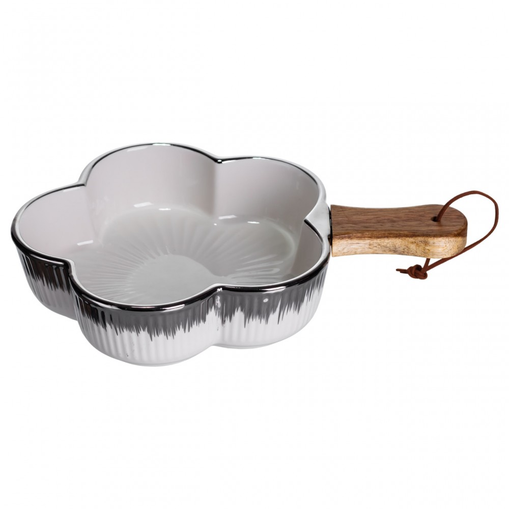 Тарелка фарфоровая глубокая с ручкой Цветок 27×20×5 (см) блюдо сервировочное с ручкой для подачи тарелка сковорода Серебро ZJH-13-4