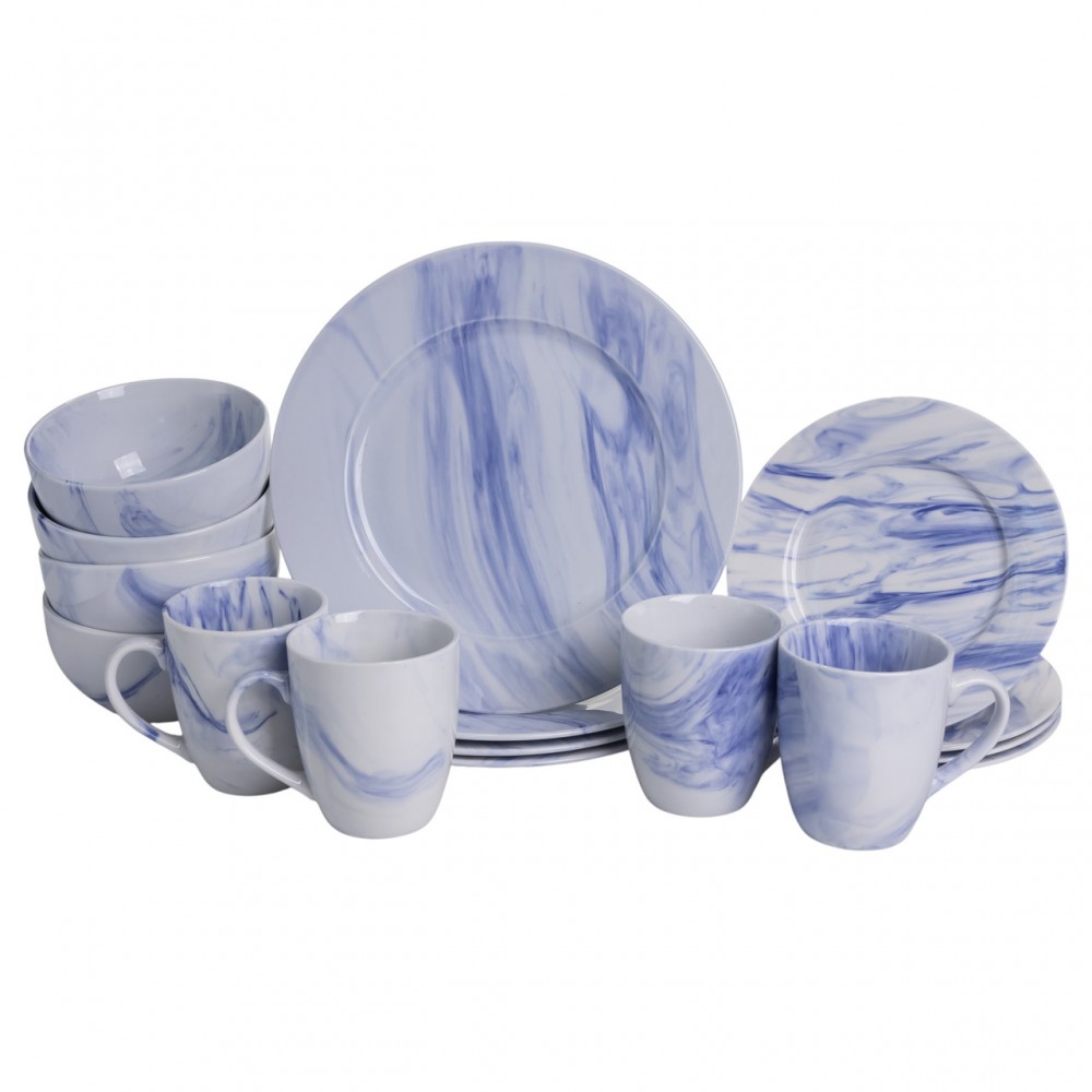 Столовий набір посуду тарілок і чашок 16 предметів на 4 особи Marble Clara порцеляновий Синій MD-16-3B