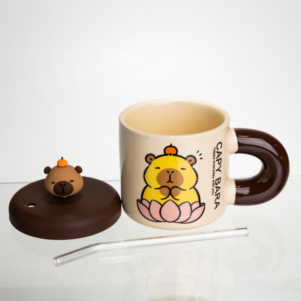 Чашка фарфоровая с крышкой и трубочкой Капибара в лотосе 300 (мл) подарочная кружка прикольная чашка для детей на подарок FM-27B