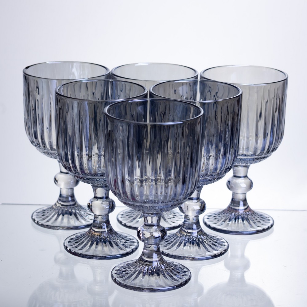 Набор бокалов для вина 6 штук по 300 мл ребристых из толстого стекла синий HP-19-237